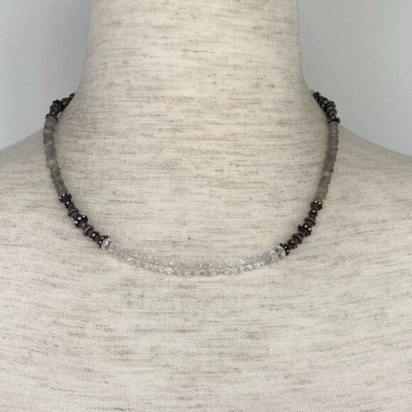 Sterling Silver 925 Labradorite & Quartz Beaded Necklace 17" Hook Closure 21g - Picture 3 of 16